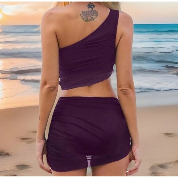 Cupshe Purple One Shoulder Bikini Set Small Mesh Ruched Skirt Swimwear Women’s - Picture 3 of 8